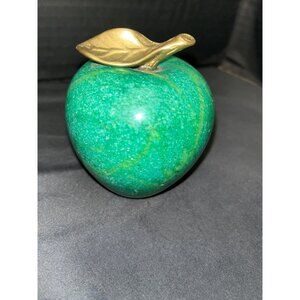 Vintage Emerald Green Marble Apple with Brass Leaf Paperweight 3”